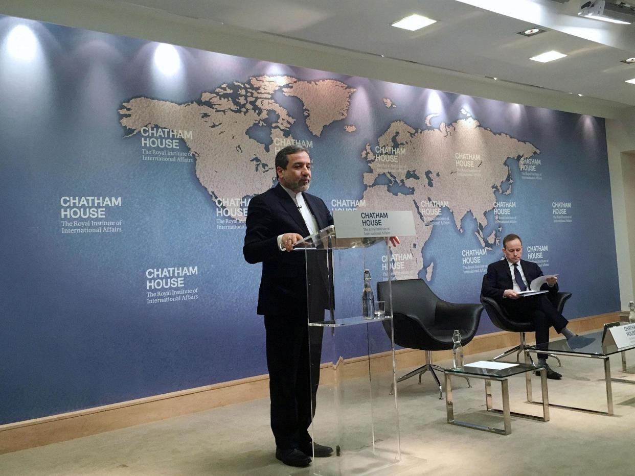 Iran's Deputy Foreign Minister Abbas Araqchi speaking at the Chatham House think tank in London: Reuters