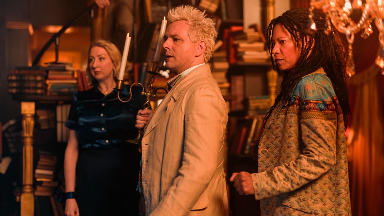  Aziraphale, Nina and Maggie in the bookstore in Good Omens season 2 episode 6 