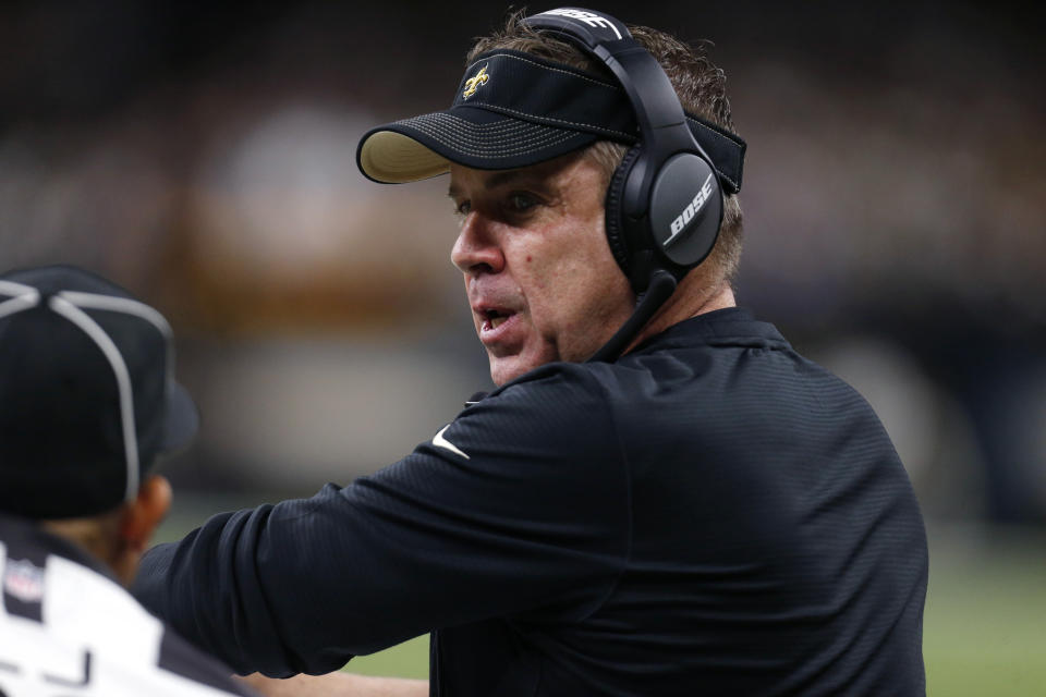 New Orleans Saints head coach Sean Payton talks on the sideline in the first half of an NFL football game against the Indianapolis Colts in New Orleans, Monday, Dec. 16, 2019. The Saints won 34-7. (AP Photo/Butch Dill)