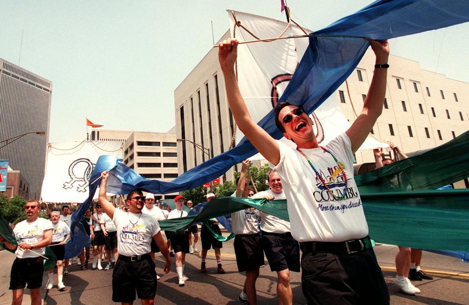 Jim VanHorn of Columbus was just one of thousands of participants in the gay pride parade June 30, 1996. The parade began at Goodale Park in the Short North and made it's way down High Street to Bicentennial Park. Photo by: John F Martin