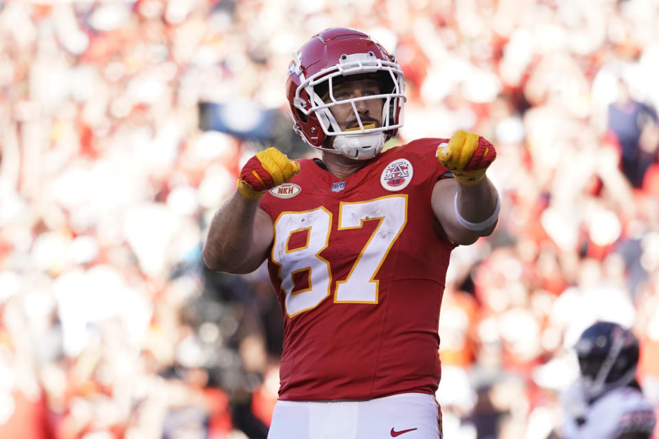 File - Kansas City Chiefs tight end Travis Kelce celebrates after scoring during the second half of an NFL football game against the Chicago Bears Sunday, Sept. 24, 2023, in Kansas City, Mo. Following Taylor Swift's appearance at the game, jersey sales for the All-Pro tight-end seemingly skyrocketed. (AP Photo/Ed Zurga, File)