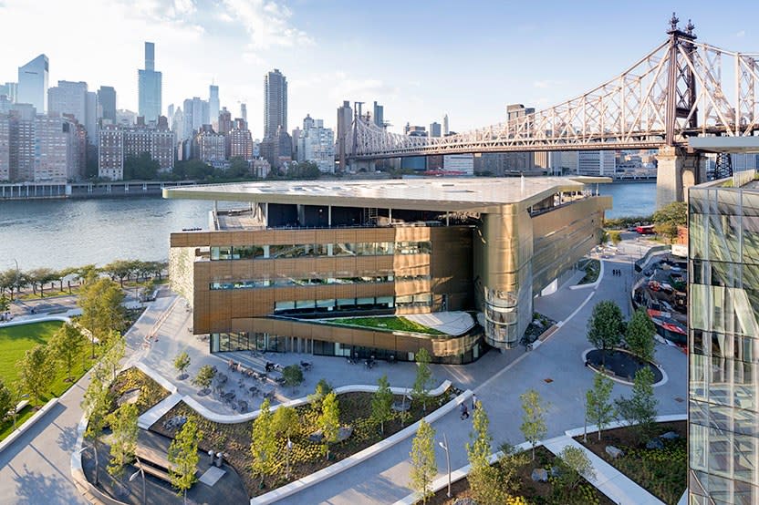 <strong><em>Cornell Tech Campus</em></strong> <em>Architecture by</em> Handel Architects, Morphosis, and Weiss/Manfredi. <em>Master Plan by</em> Skidmore, Owings & Merrill. <em>Landscape Design by</em> James Corner Field Operations. At the graduate school’s new eco-friendly campus on Roosevelt Island, unveiled this past September, buildings not only support one another, they bolster the city at large. More than 2,000 photovoltaic panels crown the Morphosis-designed academic center (above) and Weiss/Manfredi–designed innovation hub, with power generated from both channeled toward the center, helping the building reach its ambitious net-zero goal. A residential tower by Handel Architects, meanwhile, boasts ultralow energy consumption. The goal for the campus is to help reestablish New York as a center of the tech industry, melding entrepreneurship and academia on this green (in every sense) stretch of city.