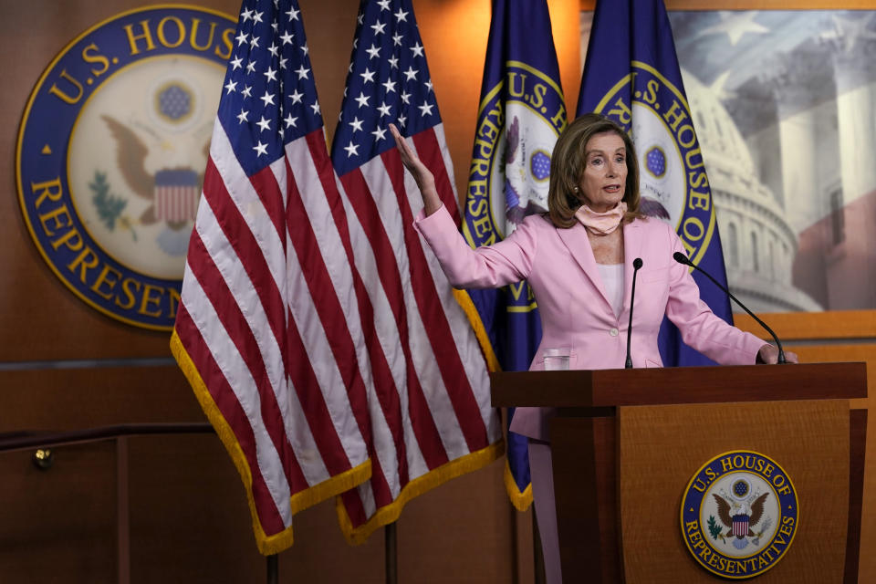 House Speaker Nancy Pelosi of Calif., speaks during a news conference on Capitol Hill in Washington, Saturday, Aug. 22, 2020. The House is set for a rare Saturday session to pass legislation to halt changes in the Postal Service and provide $25 billion in emergency funds. (AP Photo/Susan Walsh)