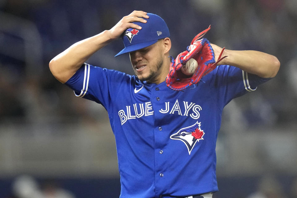 Toronto Blue Jays starting pitcher Jose Berrios (17) stands on the mound during the third inning of a baseball game against the Miami Marlins, Monday, June 19, 2023, in Miami. (AP Photo/Lynne Sladky)