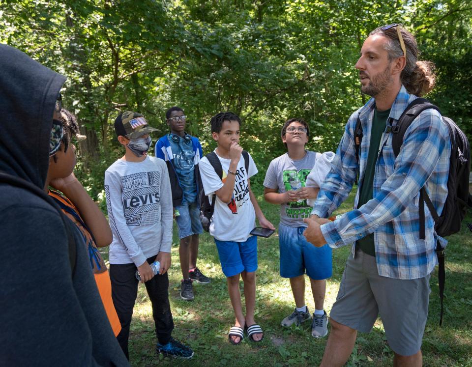 Camptown Program Director Trey Clayton gives rules to Share LT students ready for the day Thursday, June 30, 2022 at Fort Harrison State Park. Share LT students from Belzer Middle School and Fall Creek Valley Middle School canoed, fished, hiked and did a creek study with Camptown.