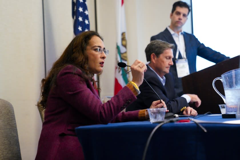 San Diego, CA - September 25: At the California Republicans Convention on Saturday, Sept. 25, 2021 in San Diego, CA., Harmeet Dhillon answered audience questions from attendees during the panel discussion for "The National Debate over election integrity laws". Also on the panel were Fred Whitaker (seated) and Garrett Fahy (standing). (Nelvin C. Cepeda / The San Diego Union-Tribune)