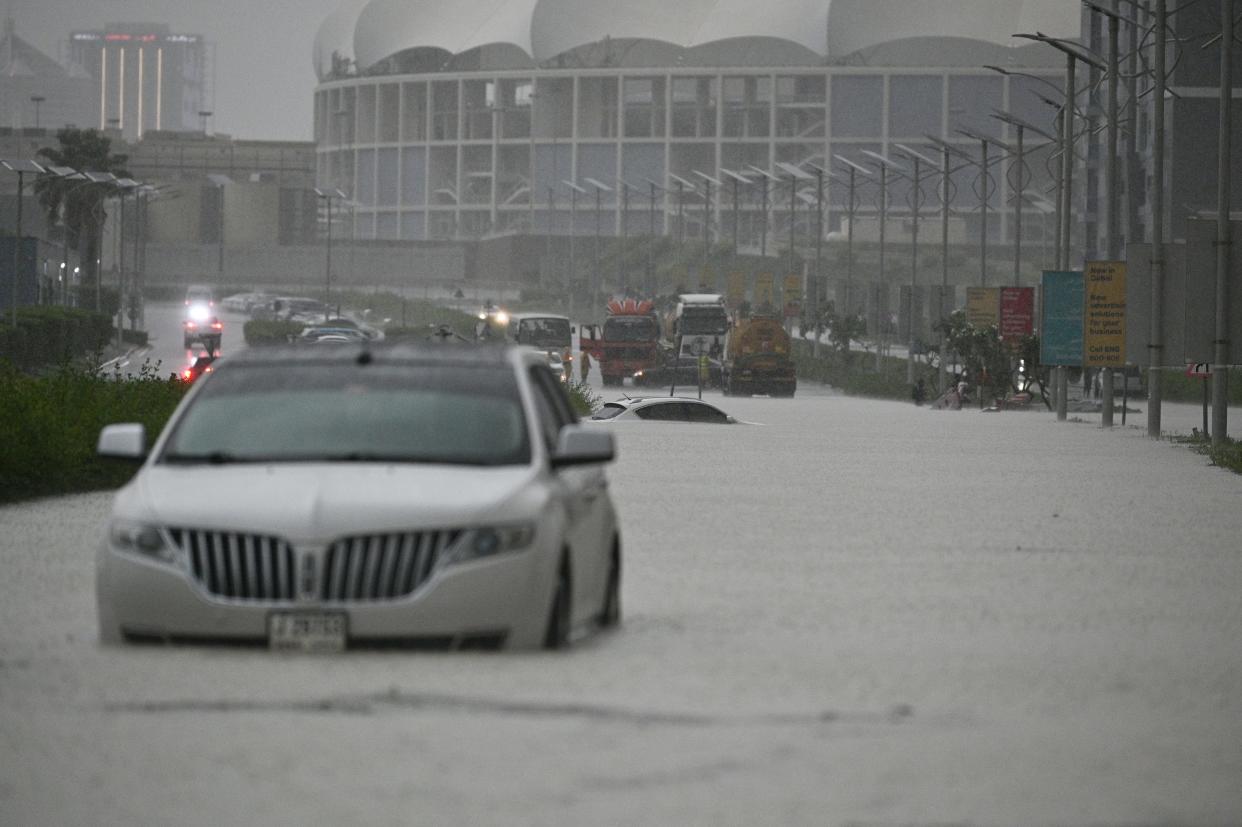 Vehicles hardly move on flooded streets due to heavy rain in Dubai, United Arab Emirates on April 16, 2024.