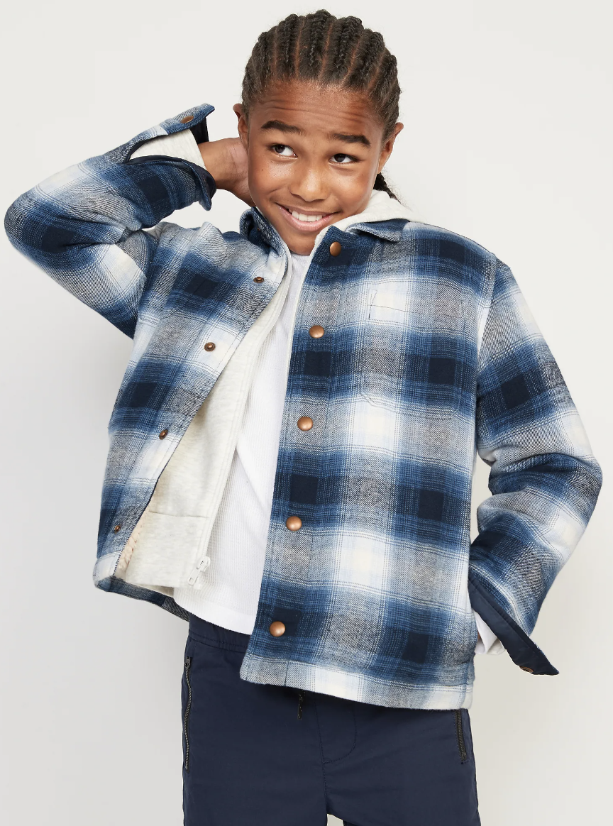 Cozy Plaid Flannel Sherpa-Lined Shacket in blue plaid (Photo via Old Navy)