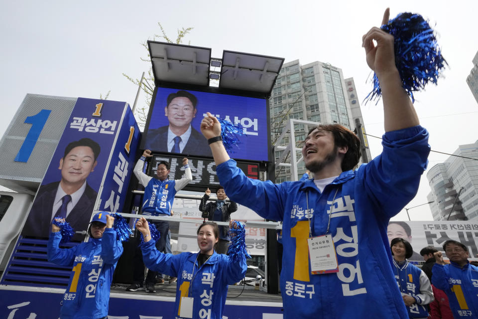 Supporters of the main opposition Democratic Party cheer during a campaign rally for the upcoming parliamentary election on April 10, in Seoul, South Korea, Monday, April 8, 2024. As South Koreans head to the polls to elect a new 300-member parliament on this week, many are choosing their livelihoods and other domestic concerns as the most important election issues. It's in a stark contrast from past elections that were overshadowed by security and foreign policy issues like North Korean nuclear threats and U.S. security commitment for South Korea. (AP Photo/Ahn Young-joon)