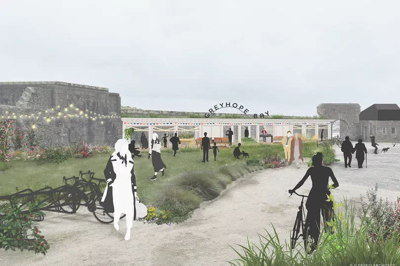 An outdoor market would be placed along the south wall of the Torry Battery