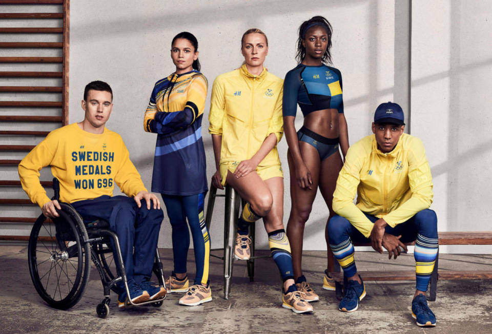 <p>Made from sustainable fabric, Sweden’s bright yellow sweatshirts (which reflect the colors of its flag) are printed with the number of all-time medals won by the country. <i>(Photo: Courtesy of H&M)</i><br></p>