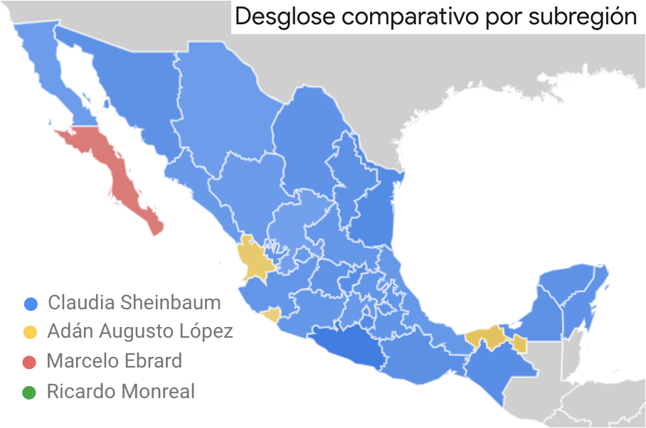 Mapa generado por Google Trends que muestra las búsquedas por los aspirantes de Morena por estado en México.