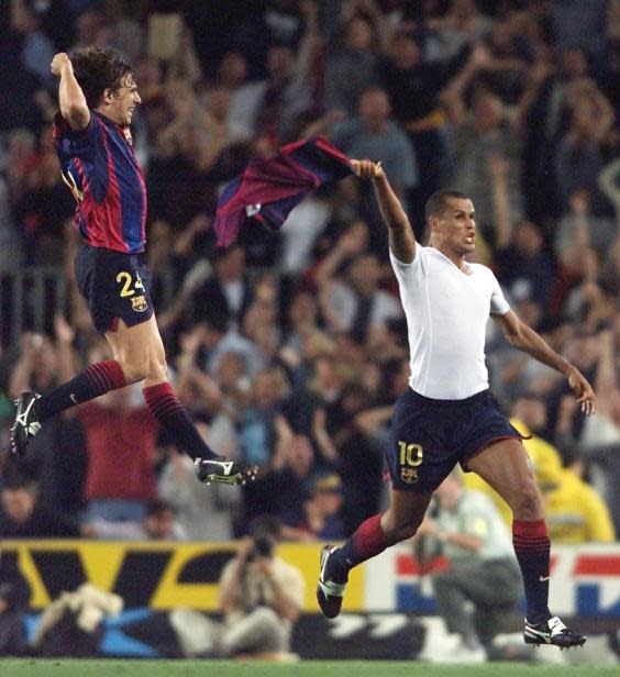 Rivaldo celebrates his bicycle kick goal (AFP/Getty )