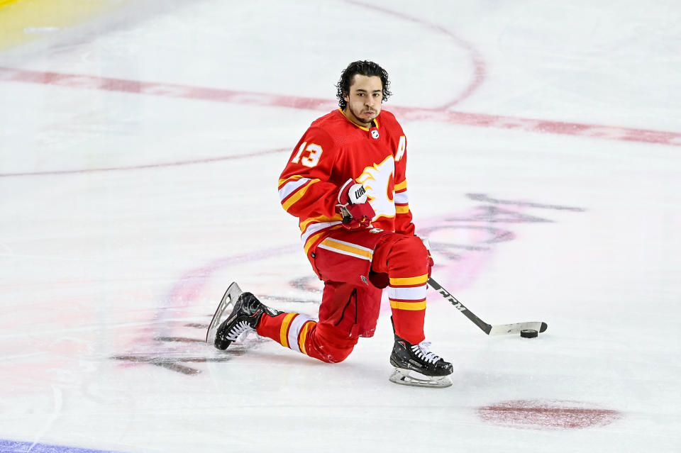 CALGARY, AB - MAY 15: Calgary Flames Left Wing Johnny Gaudreau (13) warms up before game 7 of the first round of the NHL Stanley Cup Playoffs between the Calgary Flames and the Dallas Stars on May 15, 2022, at the Scotiabank Saddledome in Calgary, AB. (Photo by Brett Holmes/Icon Sportswire via Getty Images)