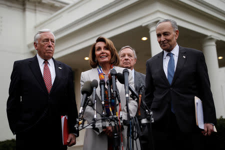 House Democratic leader Nancy Pelosi (D-CA) speaks to reporters with Senate Democratic leader Chuck Schumer (D-NY), Rep. Steny Hoyer (D-MD) and Sen. Dick Durbin (D-IL) following a border security briefing with U.S. President Donald Trump and congressional leadership at the White House in Washington, U.S., January 2, 2019. REUTERS/Carlos Barria