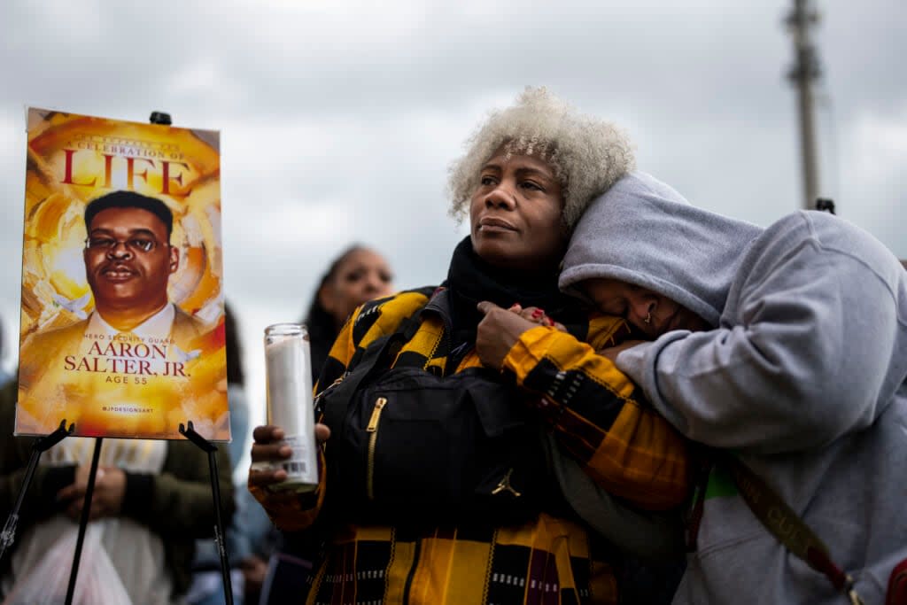 Cariol Horne, and Drea DNur attend a vigil across the street from Tops Friendly Market at Jefferson Avenue and Riley Street on Tuesday, May 17, 2022 in Buffalo, NY. (Photo: Kent Nishimura / Los Angeles Times via Getty Images)