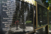 A worker cleans in front a wall with names of missing persons under the Ferdinand MarcosÅf dictatorship at the Memorial for the Disappeared in Paranaque, Philippines on Friday May 27, 2022. Filipino voters overwhelmingly elected Ferdinand ÅgBongbongÅh Marcos Jr., as president during the May 2022 elections, completing a stunning return to power for the family of the late President Ferdinand Marcos, Sr., who ruled the country for more than two decades until being ousted in 1986 in the nonviolent ÅgPeople PowerÅh revolution. (AP Photo/Aaron Favila)