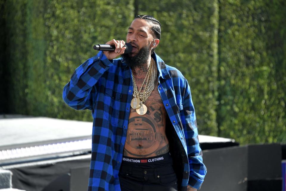 Nipsey Hussle performs onstage at Live! Red! Ready! Pre-Show, sponsored by Nissan, at the 2018 BET Awards at Microsoft Theater on June 24, 2018, in Los Angeles. Hussle was killed in a shooting outside a clothing store he owned on March 31, 2019.