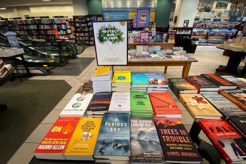 Climate change themed books are displayed together at a Barnes & Noble book store in Brooklyn, New York