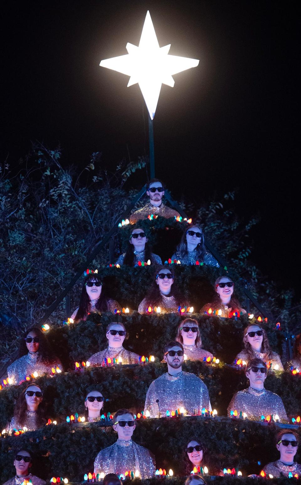Performers don sunglasses to sing 'Rockin' Around the Christmas Tree' during the Friday night performance of the 91st Belhaven University Singing Christmas Tree Friday, Dec. 1, 2023.