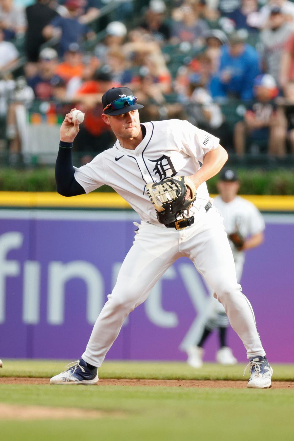 Detroit Tigers first baseman Spencer Torkelson (20) throws to first during the third inning against the Kansas City Royals at Comerica Park in Detroit on Saturday, April 27, 2024.