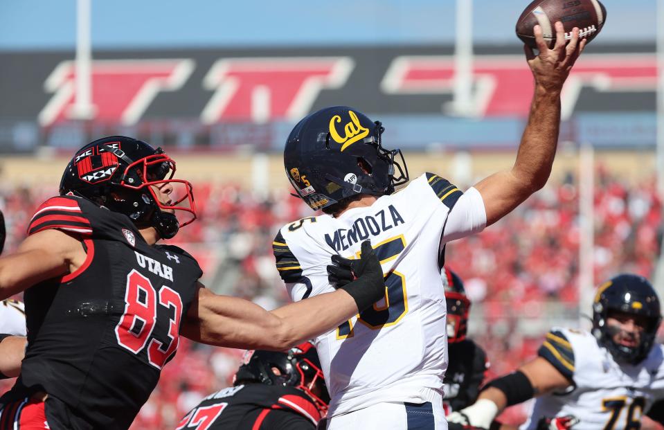 Utah Utes defensive end Jonah Elliss (83) hurries California Golden Bears quarterback Fernando Mendoza (15) in Salt Lake City on Saturday, Oct. 14, 2023. | Jeffrey D. Allred, Deseret News