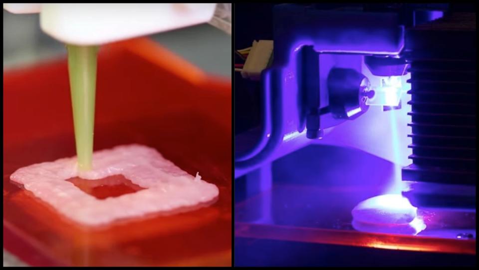 A 3D-printing machine extrudes pureed chicken onto a surface. The chicken is then cooked by lasers.