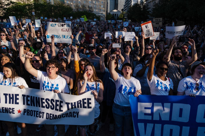 Protesters rally outside of the Tennessee State Capital building in support of Democratic state representative Justin Jones of Nashville on April 10, 2023 in Nashville, Tennessee. (Seth Herald/Getty Images)