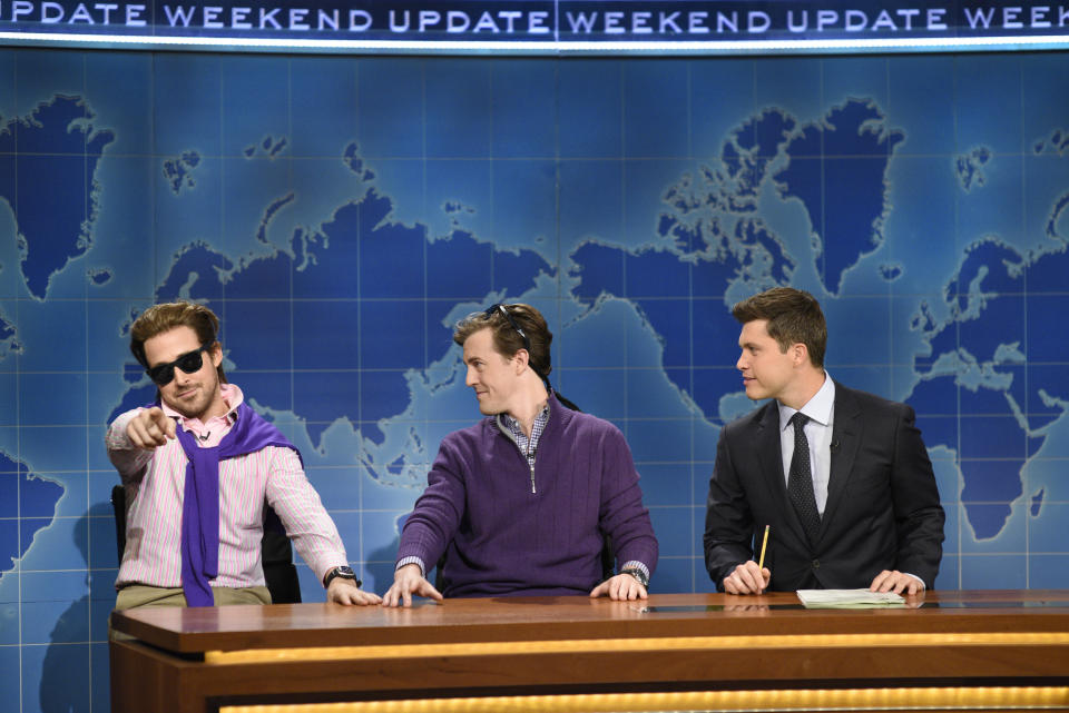(L-R) Ryan Gosling as Guy Who Just Joined Soho House, Alex Moffat as A Guy Who Just Bought a Boat and Colin Jost during SNL's "Weekend Update"