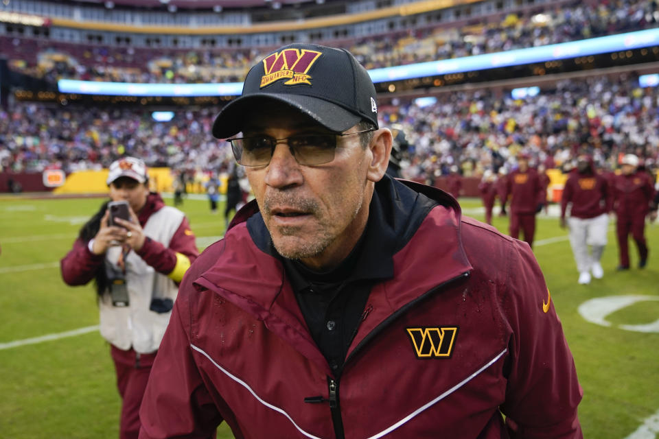 Washington Commanders head coach Ron Rivera is seen leaving the field at the end of an NFL football game against the Atlanta Falcons, Sunday, Nov. 27, 2022, in Landover, Md. Washington won 13-19. (AP Photo/Patrick Semansky)