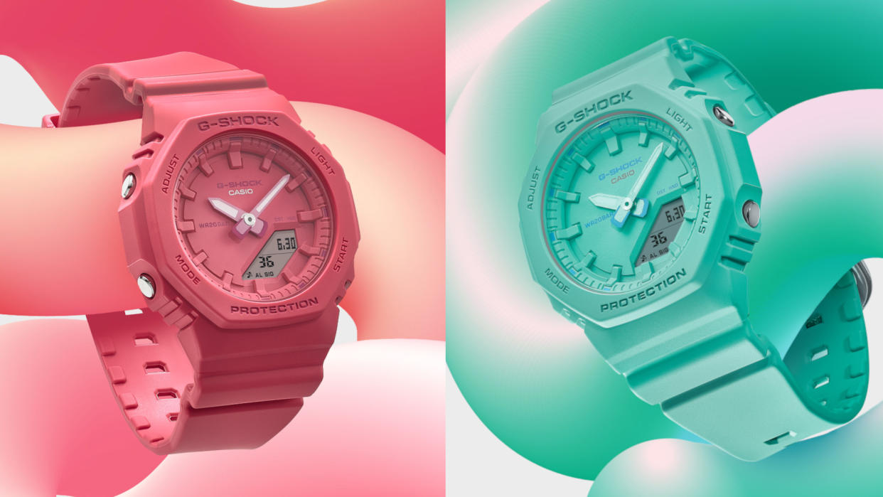  The Casio G-Shock GMA-P2100 in pink and turquoise. 