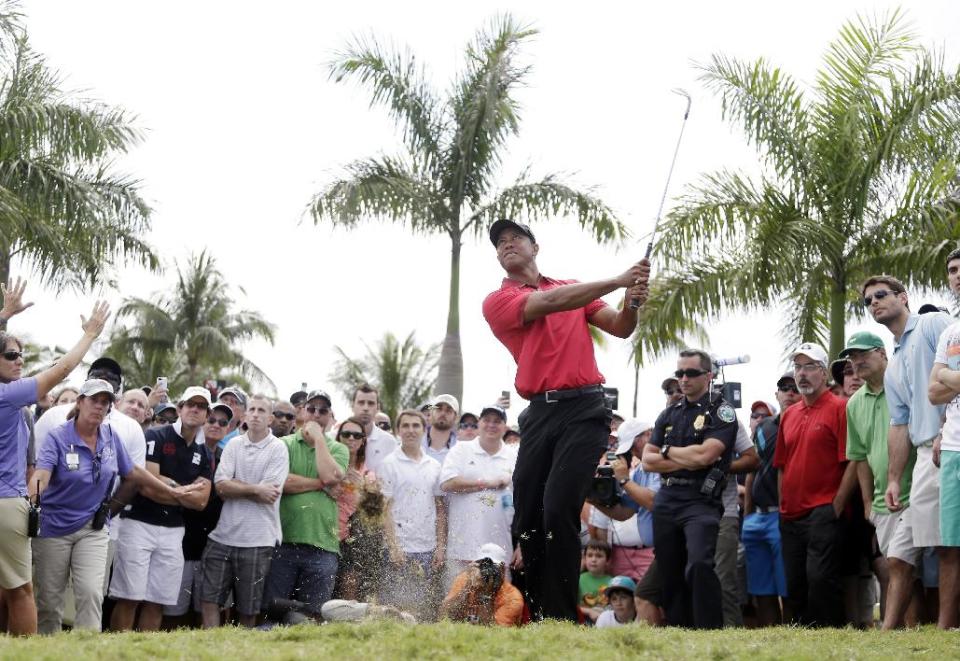 Tiger Woods hits from the rough off the seventh fairway during the final round of the Cadillac Championship golf tournament Sunday, March 9, 2014, in Doral, Fla. (AP Photo/Lynne Sladky)