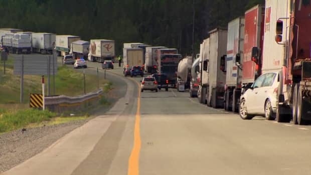 The protest at Highway 104 has shut down traffic in both directions. (Pat Callaghan/CBC - image credit)