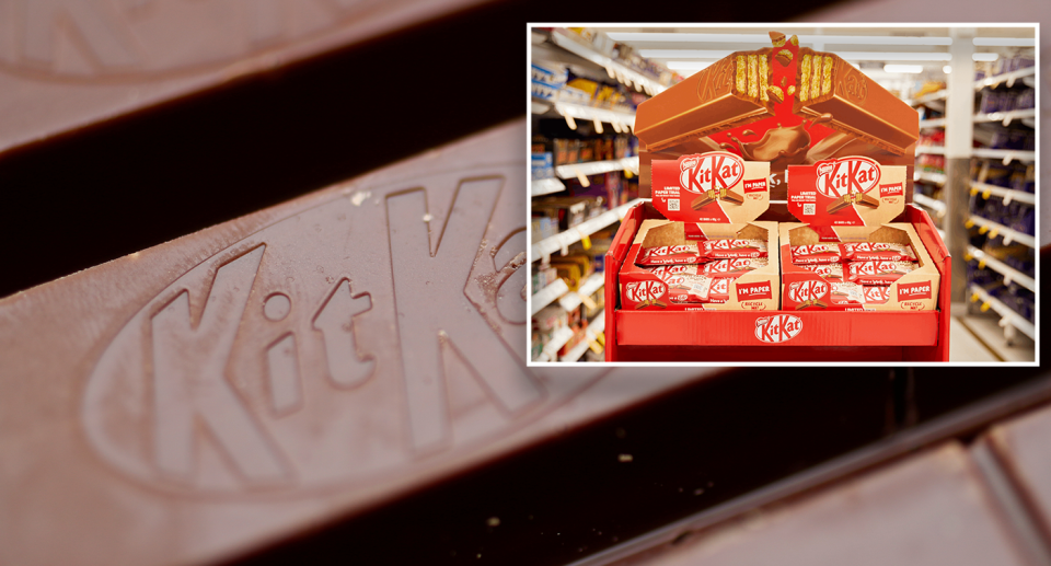 Background - rows of chocolate KitKats in closeup. Inset - the new KitKat packaging design.