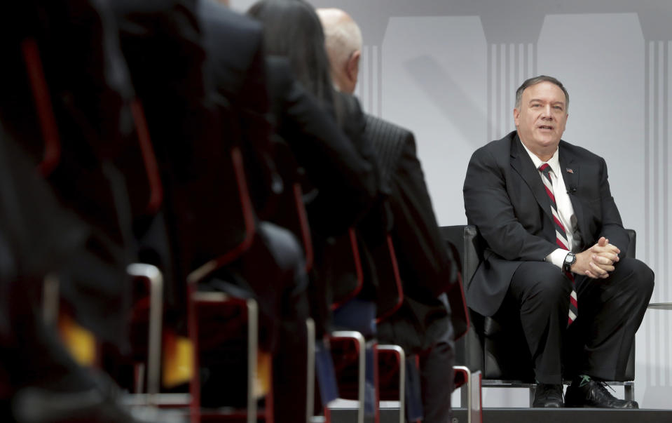 United States Secretary of State Mike Pompeo attends a discussion after he delivered a speech during the 'Koerber Global Leaders Dialogue' in Berlin, Germany, Friday, Nov. 8, 2019. (AP Photo/Michael Sohn)