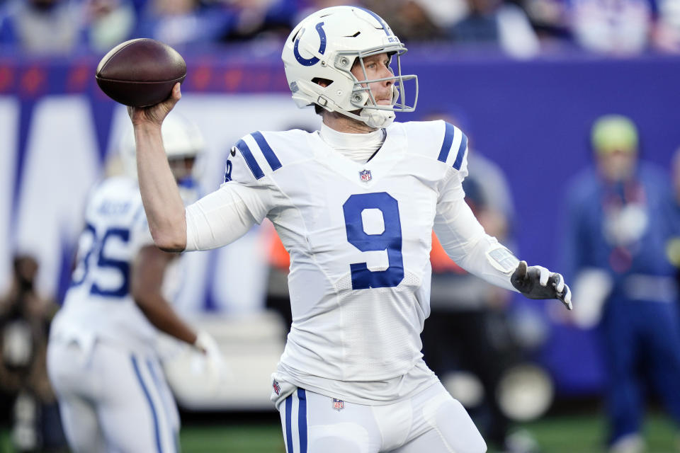 Indianapolis Colts' Nick Foles (9) throws a pass during the first half of an NFL football game against the New York Giants, Sunday, Jan. 1, 2023, in East Rutherford, N.J. (AP Photo/Seth Wenig)