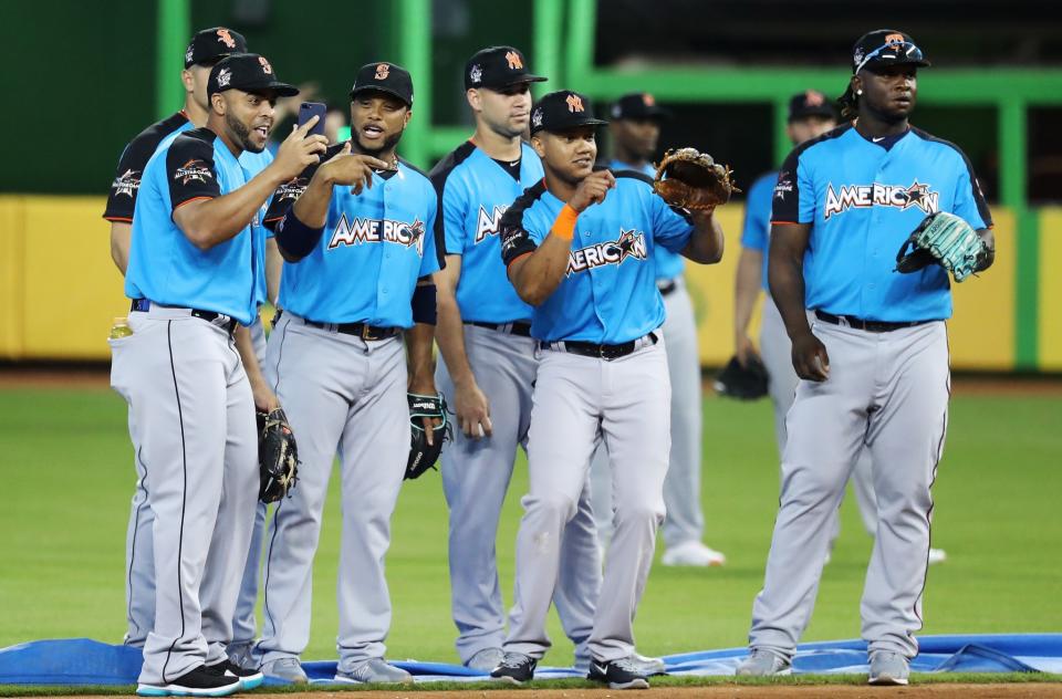 <p>The American League all-stars look on during batting practice for the 88th MLB All-Star Game at Marlins Park on July 11, 2017 in Miami, Florida. (Photo by Rob Carr/Getty Images) </p>