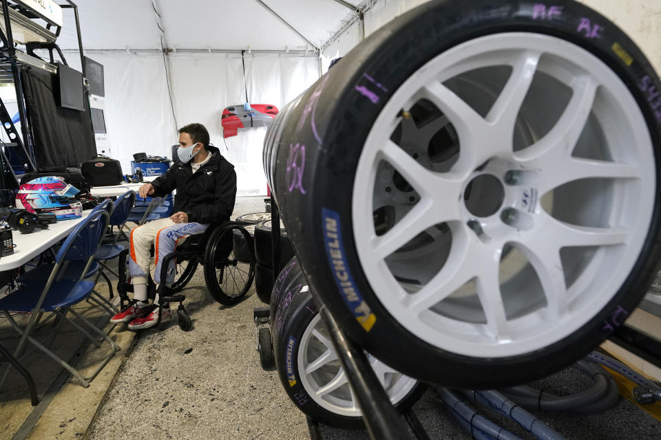 FILE - Robert Wickens in his pit stall, prepares to go out on the track during practice for the Rolex 24 hour auto race at Daytona International Speedway, Thursday, Jan. 27, 2022, in Daytona Beach, Fla. Wickens is the championship leader headed into Friday's Michelin Pilot Challenge season finale at Road Atlanta in Braselton, Georgia. (AP Photo/John Raoux, File)