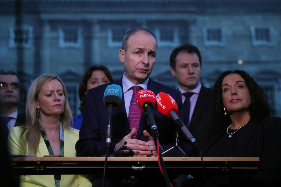 Opposition Fianna Fáil leader Micheál Martin speaks to the media outside Ireland’s parliament on Wednesday. Photo: Press Association.