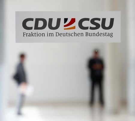 Sign shows the logo of the CDU/CSU faction in Berlin, Germany, June 26, 2018. REUTERS/Hannibal Hanschke