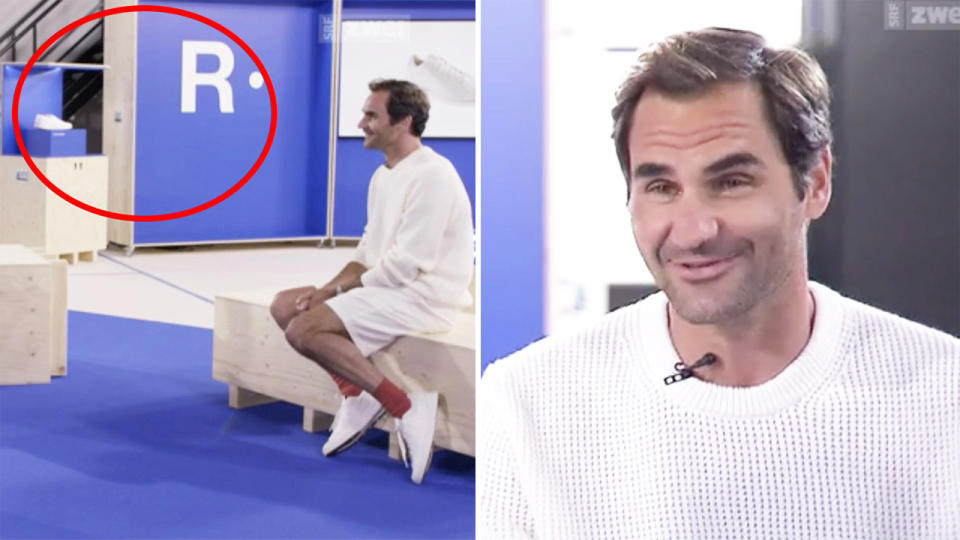 Roger Federer speaking in an interview on SRF Sport about tennis, with 'The Roger' brand in the background.