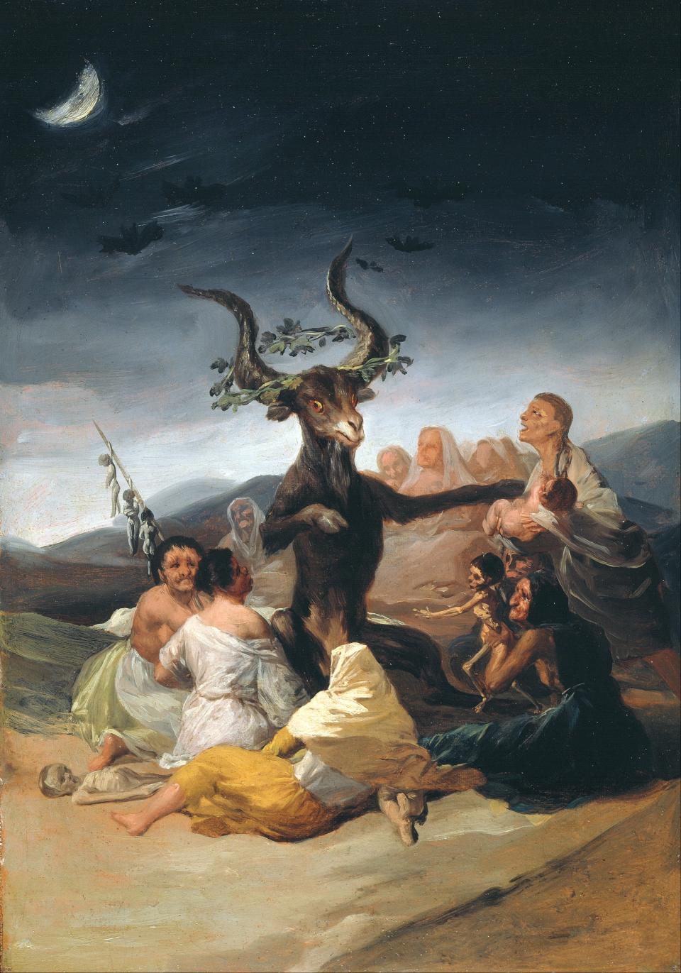 A painting of a goat surrounded by partying people. 