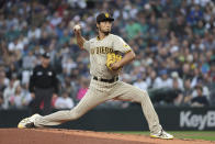 San Diego Padres starting pitcher Yu Darvish throws to a Seattle Mariners batter during the first inning of a baseball game Tuesday, Sept. 13, 2022, in Seattle. (AP Photo/Jason Redmond)