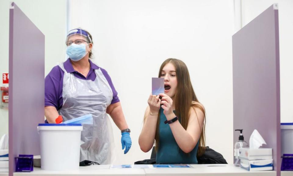 Leah Anderson takes a coronavirus lateral flow test at Outwood Academy Adwick in Doncaster, ahead of schools and colleges fully reopening.