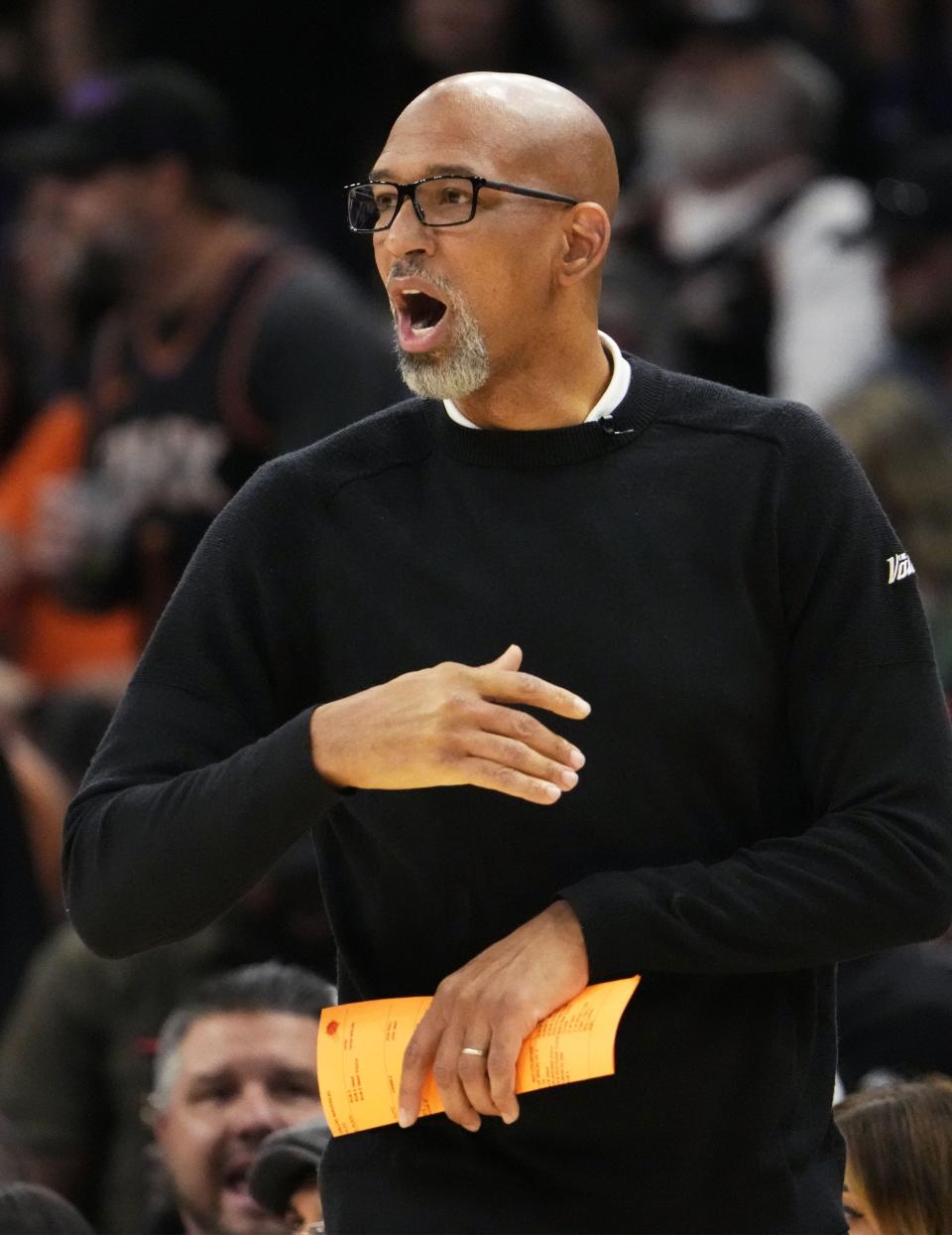 May 15, 2022; Phoenix, Arizona, USA; Phoenix Suns head coach Monty Williams reacts during their loss to the Dallas Mavericks in game seven of the second round for the 2022 NBA playoffs at Footprint Center.