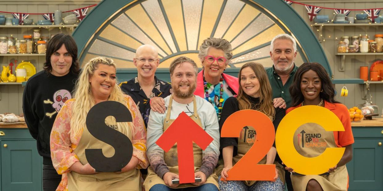 bake off stand up 2 cancer, noel fielding, matt lucas, prue leith, paul hllywood, gemma collins, tim key, jessica hynes aj odudu