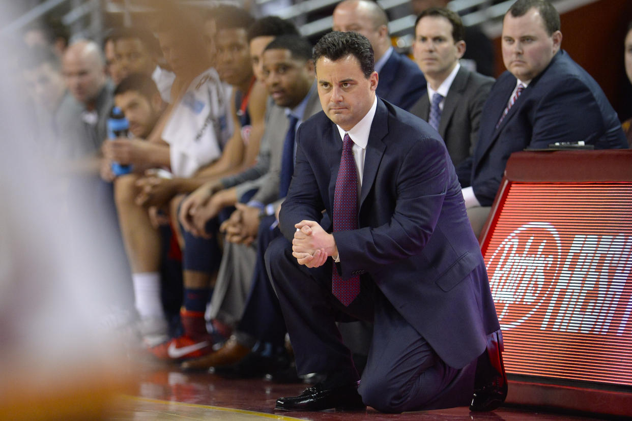 Arizona head coach Sean Miller looks on during the first half of an NCAA college basketball game against Southern California, Saturday, Jan. 9, 2016, in Los Angeles. (AP Photo/Gus Ruelas)