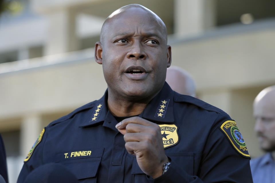 FILE - Houston Police Chief Troy Finner speaks during a news conference, Nov. 6, 2021, in Houston. On Friday, April 14, 2023, and Saturday, April 15, Black police chiefs, commissioners, sheriffs and commanders from across the country are set to meet in Detroit for the annual CEO symposium of the National Organization of Black Law Enforcement Executives. (AP Photo/Michael Wyke, File)