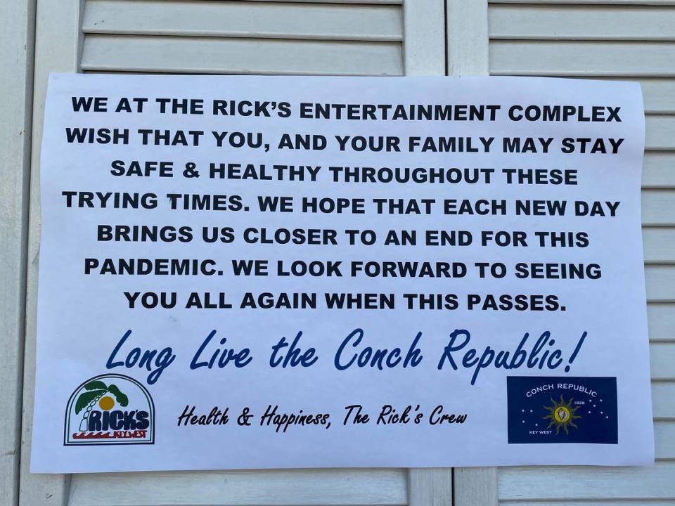 Several Duval Street businesses posted personalized closed signs, like this one outside Rick’s Bar.