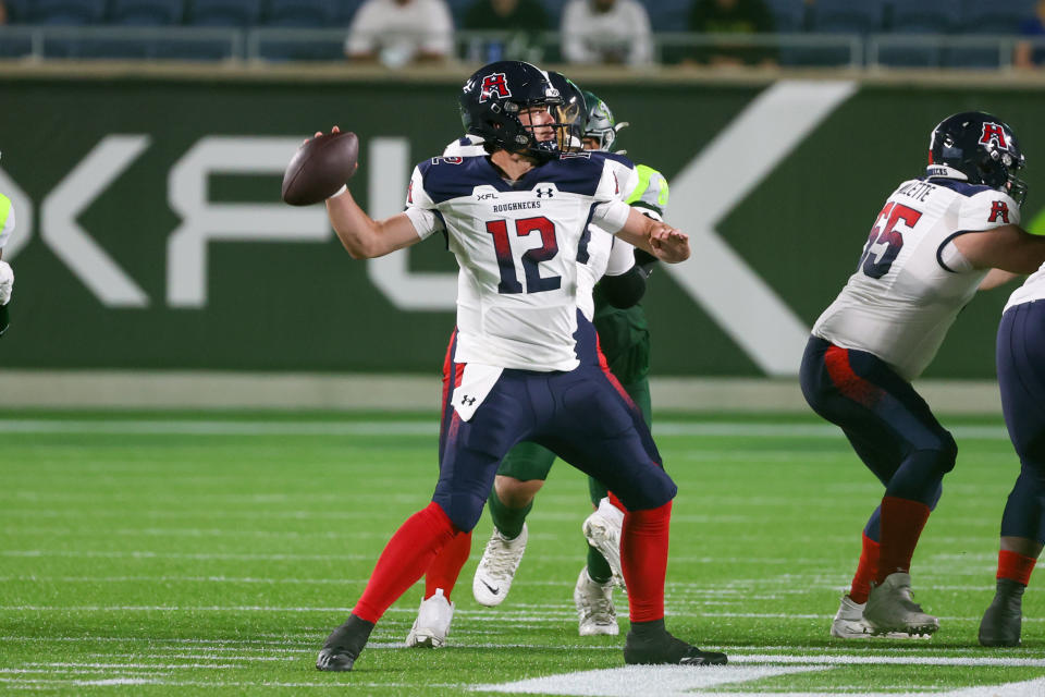 ORLANDO, FL - MARCH 11: Houston Roughnecks quarterback Brandon Silvers(12) passes the ball during the XFL football game between the Houston Roughnecks and the Orlando Guardians on March 11, 2023 at Camping World Stadium in Orlando, FL.(Photo by Joe Petro/Icon Sportswire via Getty Images)